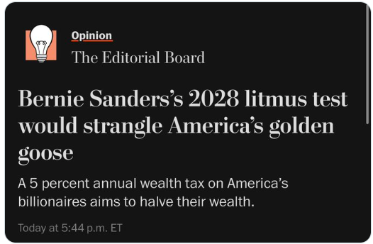 Funny. If Bernie's wealth tax was in effect in 1999, Jeff Bezos, the owner of the Washington Post, would be worth $61 billion instead of $234 billion, no teacher would make less than $60,000 &amp; homelessness would be abolished.

Oh &amp; Bezos could still afford his $500 million yacht.