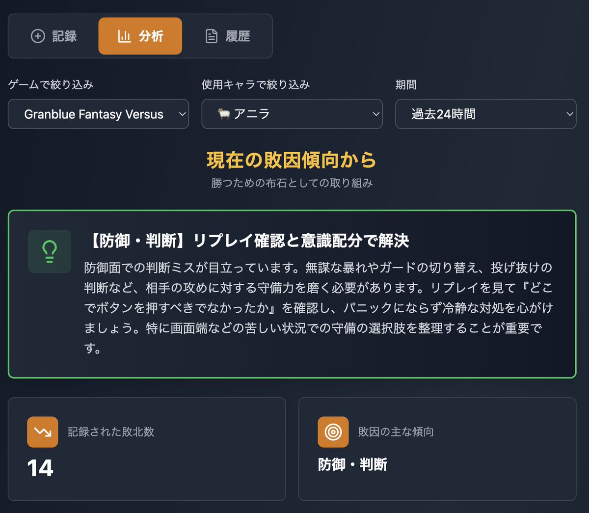 gozaru20's tweet photo. 格ゲーで負け試合のリプレイ大事とは聞くけど、何見て、何練習すればいいか分からん…をサポートする敗因記録ツール『負跡（ふせき）』つくった

✅敗因をさくっと記録
✅弱点傾向をグラフで可視化
✅今やるべき練習の方向を表示

負けを次の勝利への布石に…したい！

#格ゲー #SF6 #GBVSR #GGST https://t.co/pYihOrSbhl