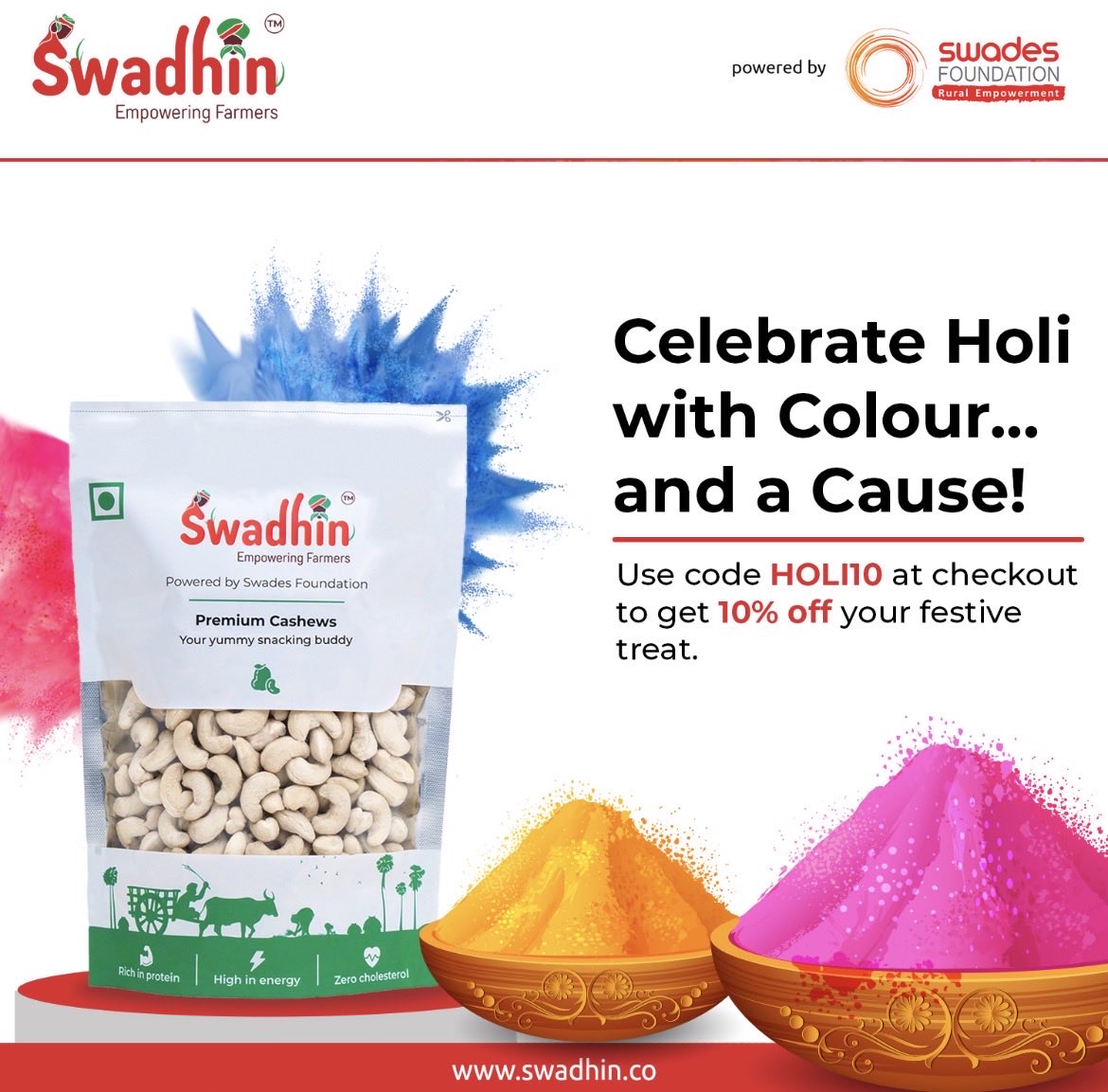 WeAreSwadhin's tweet photo. Celebrate Colour. Crunch. Cause. 🌸 This Holi, snack with purpose — enjoy 10% off Premium Swadhin Cashews with code HOLI10

Link: https://t.co/77IP9Ru4lM https://t.co/xA80hZEvoz