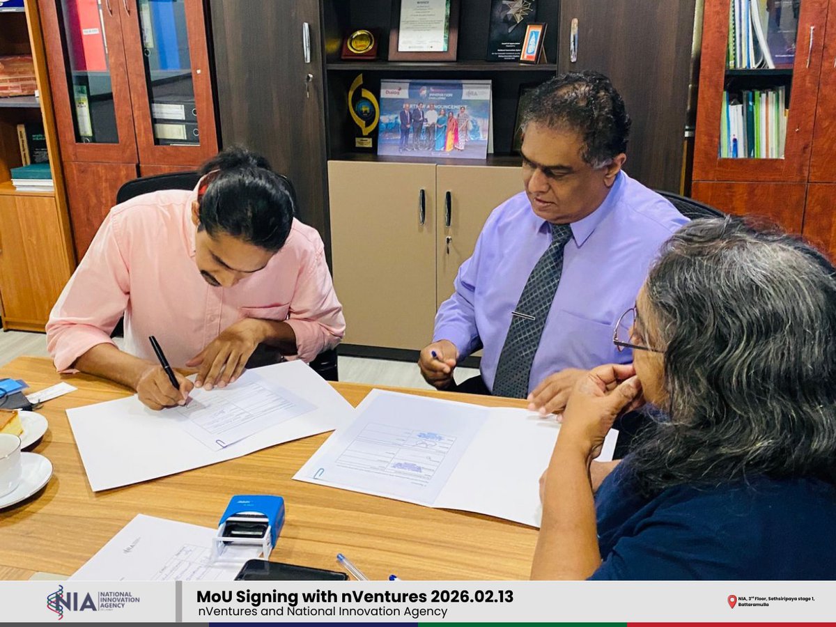 NationalInnova2's tweet photo. NIA Partners with nVentures!
On 13th February 2026, the National Innovation Agency (NIA) signed a Memorandum of Understanding (MOU) with nVentures at NIA premises.
Together, we are building a brighter future for Sri Lanka’s innovators! 📷📷
 #SriLanka #NationalInnovationEcosystem https://t.co/o0Moy462Bi