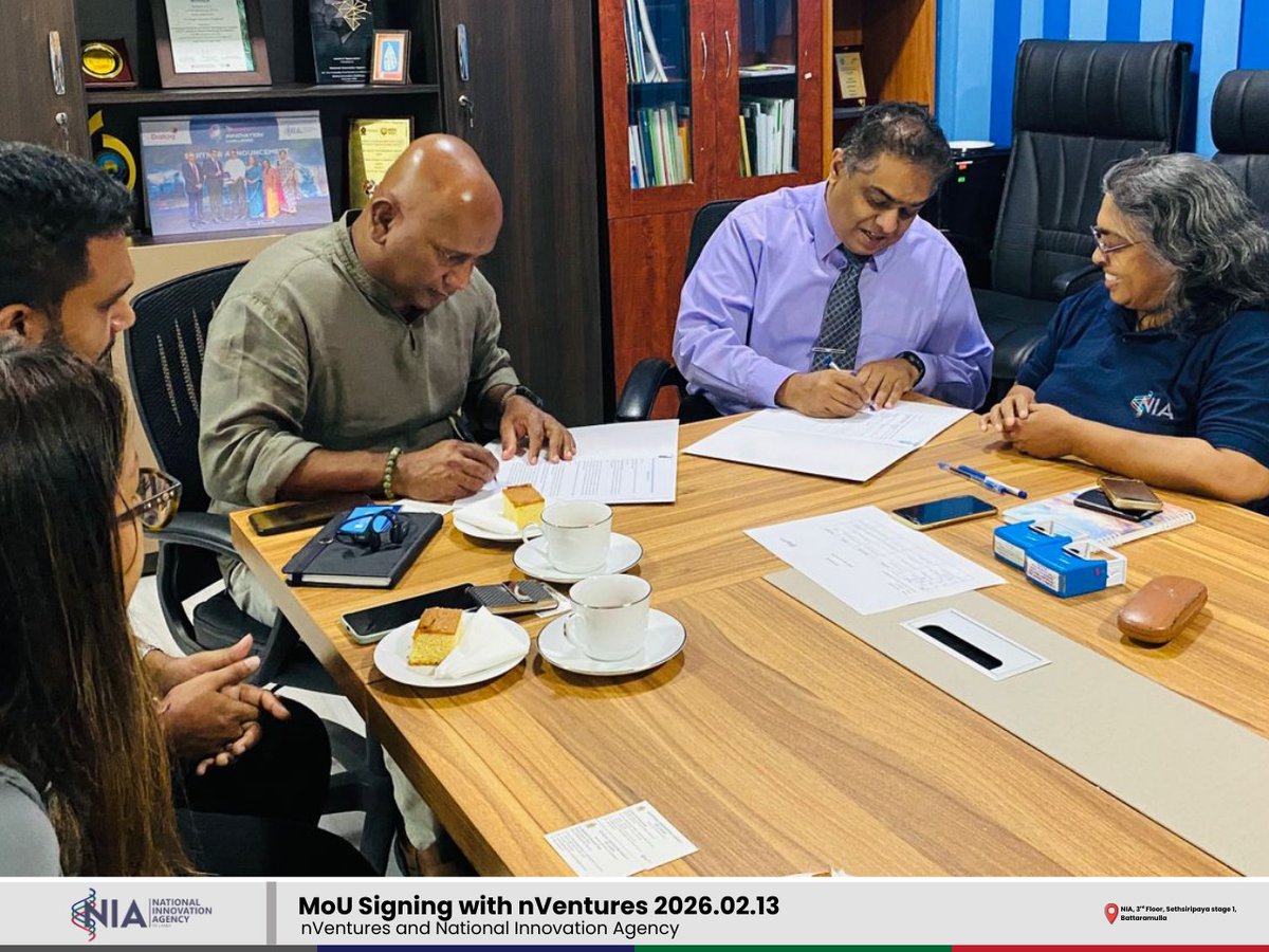 NationalInnova2's tweet photo. NIA Partners with nVentures!
On 13th February 2026, the National Innovation Agency (NIA) signed a Memorandum of Understanding (MOU) with nVentures at NIA premises.
Together, we are building a brighter future for Sri Lanka’s innovators! 📷📷
 #SriLanka #NationalInnovationEcosystem https://t.co/o0Moy462Bi