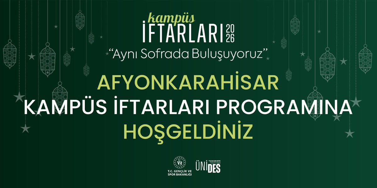 T.C. Gençlik ve Spor Bakanlığı ÜNİDES Programı kapsamında düzenlenen Kampüs İftarları ile “Aynı Sofrada Buluşuyoruz.”
📍 Afyonkarahisar
📅 6 Mart 2026 Cuma
📌 Prof. Dr. Veysel Eroğlu Spor Salonu
Bu buluşmada sizleri de aramızda görmekten mutluluk duyarız.
<a href="/OA_BAK/">Dr. Osman Aşkın Bak</a>
<a href="/gencliksporbak/">Gençlik ve Spor Bakanlığı 🇹🇷</a>