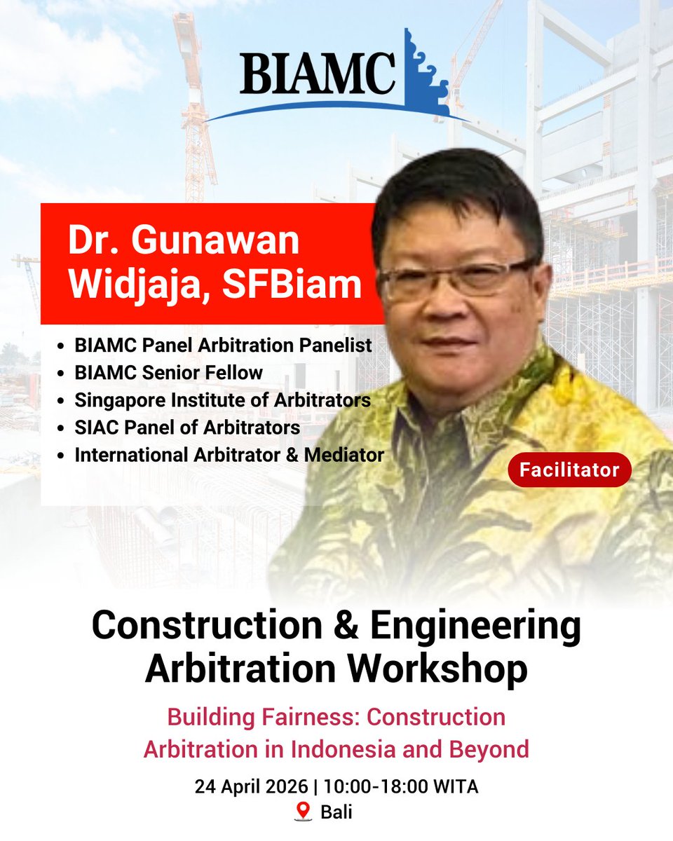 An exceptional opportunity to engage with one of the region’s distinguished arbitration authorities.

Introducing Dr. Gunawan Widjaja, Facilitator at the BIAMC Construction &amp; Engineering Arbitration Workshop.

form.jotform.com/biamc/Interest…