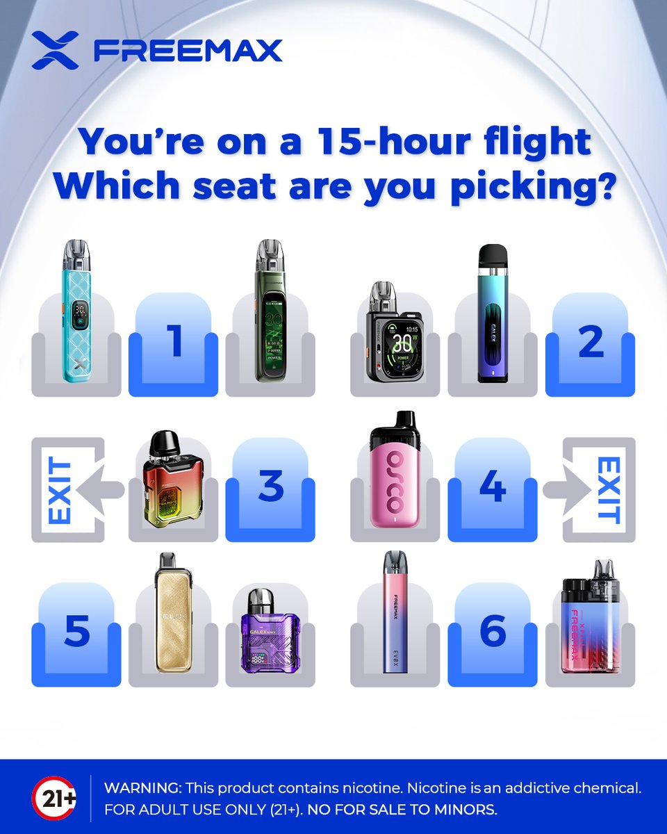 Freemaxvape's tweet image. You’re on a 15-hour flight… ✈️
Which seat are you picking? 👀

Drop your seat number below ⬇️
1️⃣ 2️⃣ 3️⃣ 4️⃣ 5️⃣ 6️⃣
.
.
.
.
.
⚠️ Warning: This product contains nicotine. Nicotine is an addictive chemical.
🔞 Must be 21+.
-
#FREEMAX #VapeCommunity #VapeLife #PodSystem #PickYourSeat