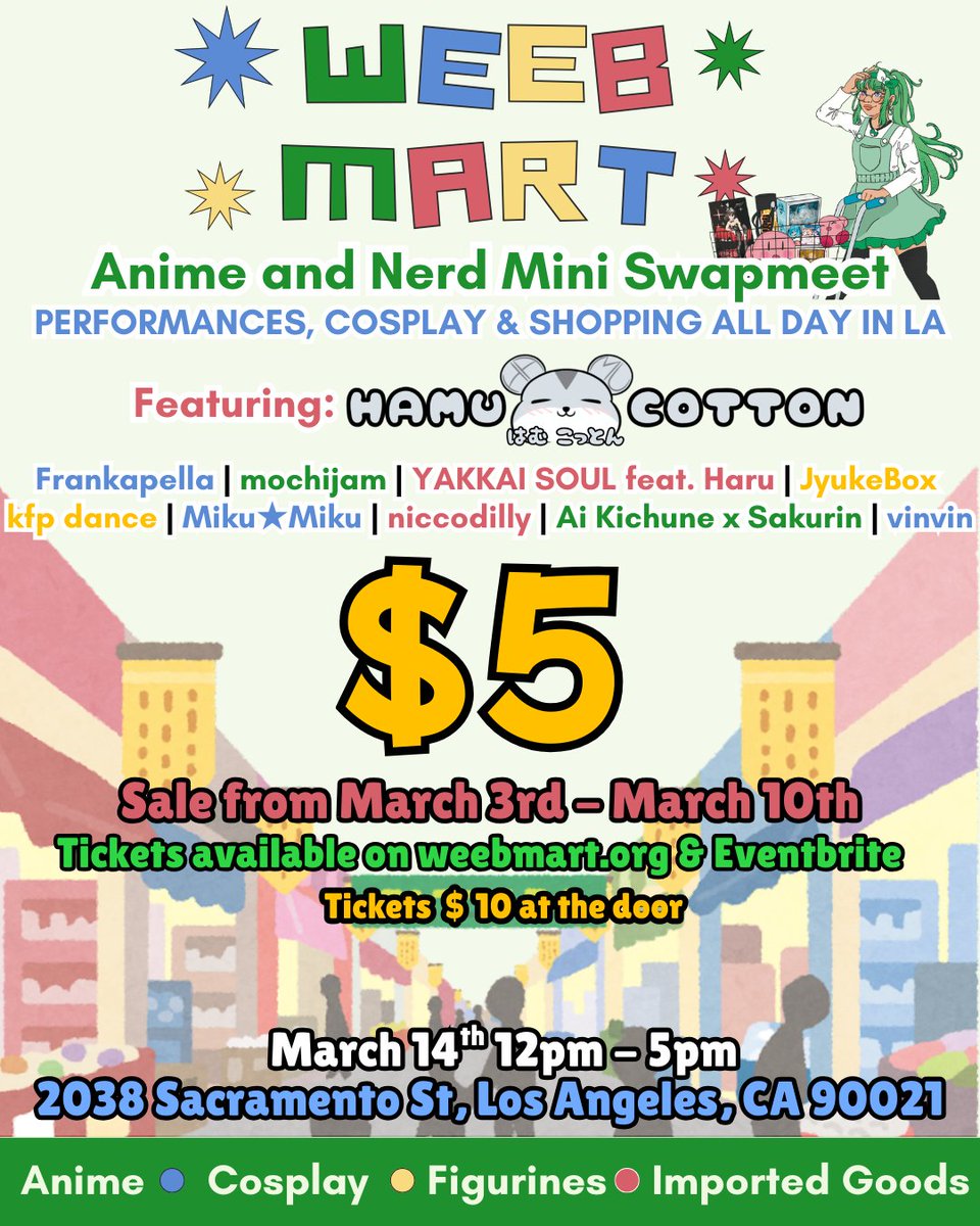weebmart_moe's tweet image. ⚡ FLASH SALE JUST DROPPED ⚡
~~~~
WeebMart 2026 is taking over a bigger indoor space at Epic Icon Center, Los Angeles for a full day of anime, cosplay, performances, and second hand shopping 💙

🎟️ $5 FLASHSALE
(March 3rd – March 10th)
🚪 $10 at the door

#cosplay #anime #weeb
