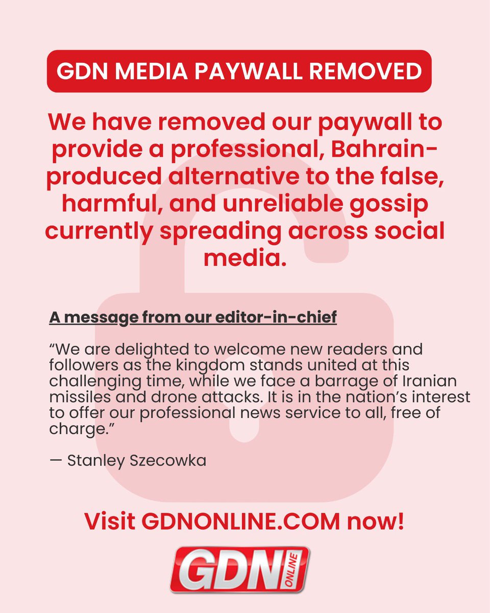 GDNonline's tweet photo. The GDN Media paywall has been removed today to allow all members of the public to follow the most trusted online independent news operation in the kingdom.

Login to https://t.co/uLnixa5GJf to join our family of readers with local journalists reporting from across the kingdom with the news that matters.

“We are delighted to welcome new readers and followers,” said editor-in-chief Stanley Szecowka, “as the kingdom stands united at this challenging time while we face  a barrage of Iranian missiles and drone attacks.

“There has been an unprecedented amount of false, harmful and unreliable gossip spread across social media and WhatsApp groups that the Al Hilal management decided it was in the nation’s interest to offer our professional, Bahrain-produced news service to all free of charge.”

Please keep in touch with the full, accurate story by visiting https://t.co/r1O2vs6KTi

#gdnonline #bahrain #manama #news