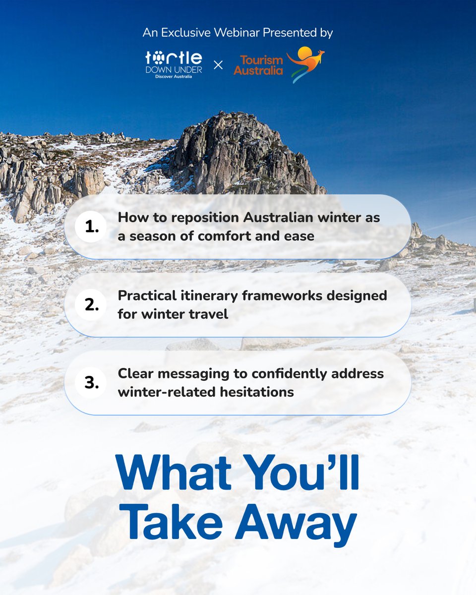 TDU_au's tweet image. If you are not selling Australia this winter, someone else is. 

This exclusive webinar with Tourism Australia will show you exactly how to re-frame winter, overcome client hesitation, and create itineraries that actually close.

Register now:
zoom.us/webinar/regist… 

#AskTDU