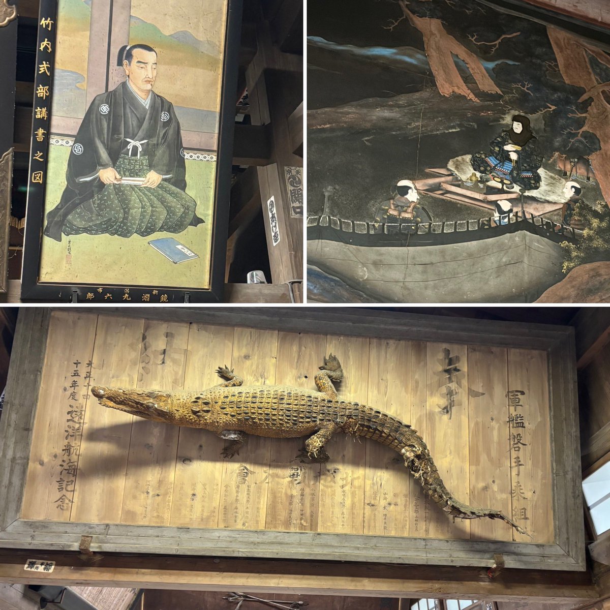 弥彦神社参道脇にある絵馬殿は訪れる人も少なく見落とされがちであるが、近世から近代のとりわけ国家神道における「敬神」のあり方をタイムカプセルに閉じ込めたような稀有な空間。軍艦岩手の遠洋航海記念ワニの奉納は単に面白くもあり案内をする時は必ずお見せする。竹内式部像、謙信像など。