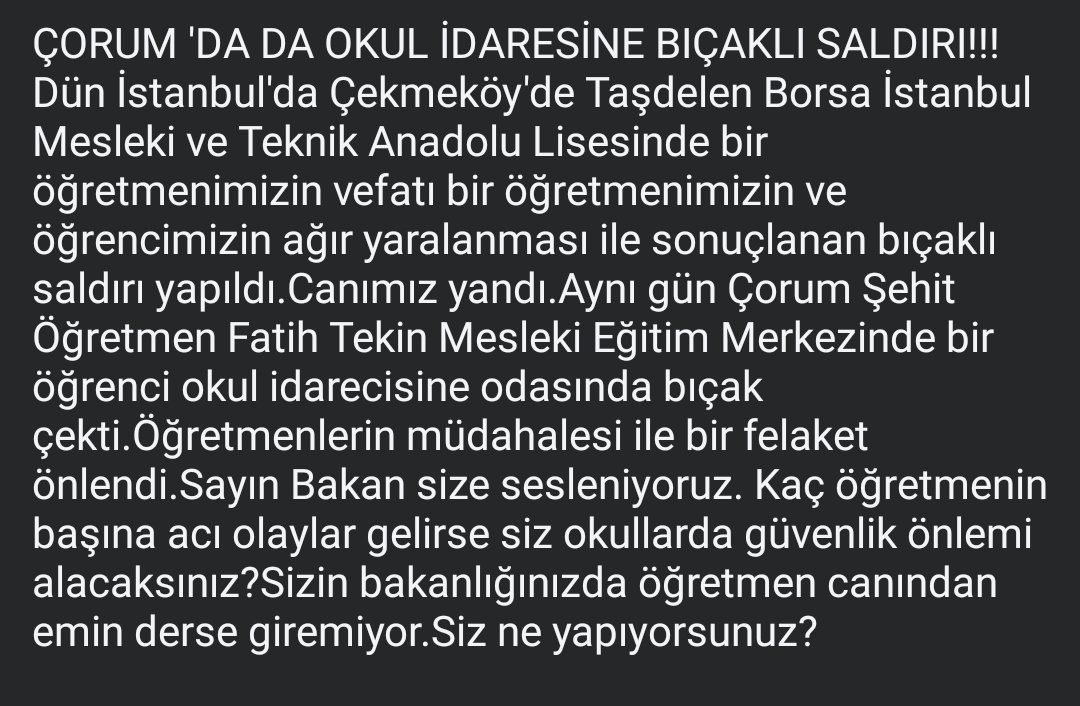OrsNihat's tweet photo. ÇORUM 'DA DA OKUL İDARESİNE BIÇAKLI SALDIRI!!!
Dün İstanbul'da Çekmeköy'de bir öğretmenimizin vefatı bir öğretmenimizin ve öğrencimizin ağır yaralanması ile sonuçlanan bıçaklı saldırı yapıldı.Canımız yandı.Aynı gün 
@tcmeb @Yusuf__Tekin @CorumValiligi 
@Corum19MEM https://t.co/puc4QpbhdN