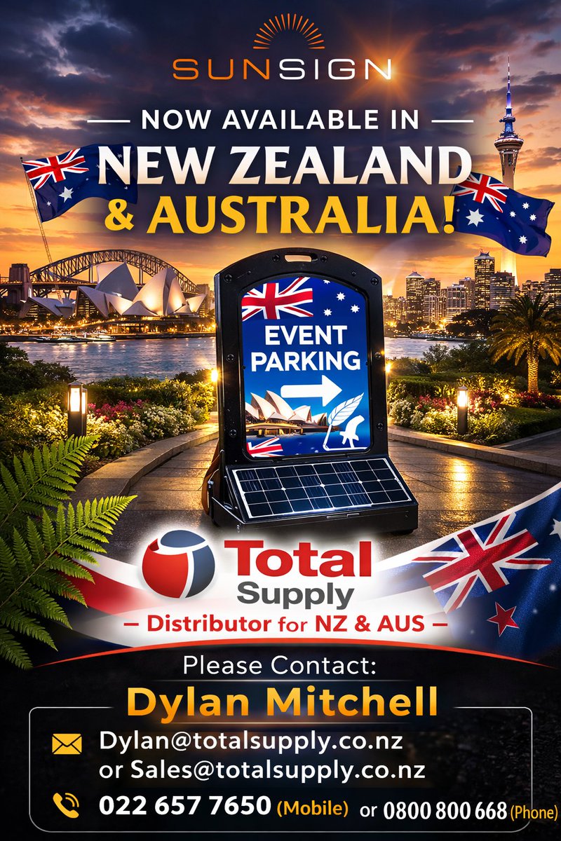 SunsignSolar's tweet photo. #Sunsign #TotalSupply #NewZealand #Australia #Signage #Wayfinding #EventOperations #Parking #FacilitiesManagement #Hospitality #Universities #SmartCities #Sustainability #SolarPowered #OutdoorSignage #LEDLighting https://t.co/ckazEosyxh
