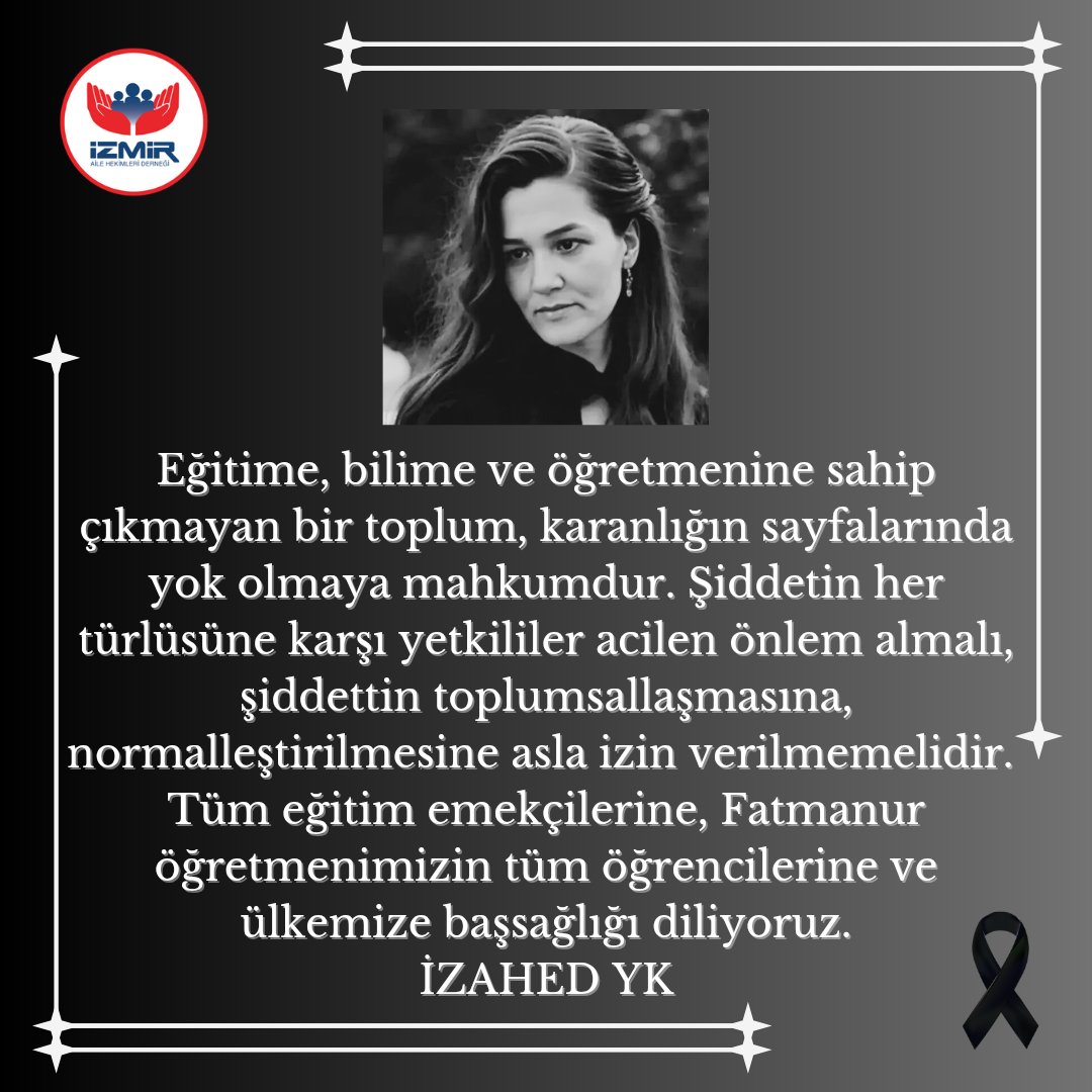 izahedorgtr's tweet photo. Tüm eğitim emekçilerine, Fatmanur öğretmenimizin tüm öğrencilerine ve ülkemize başsağlığı diliyoruz.
İZAHED YK https://t.co/NgmKFQKBDq