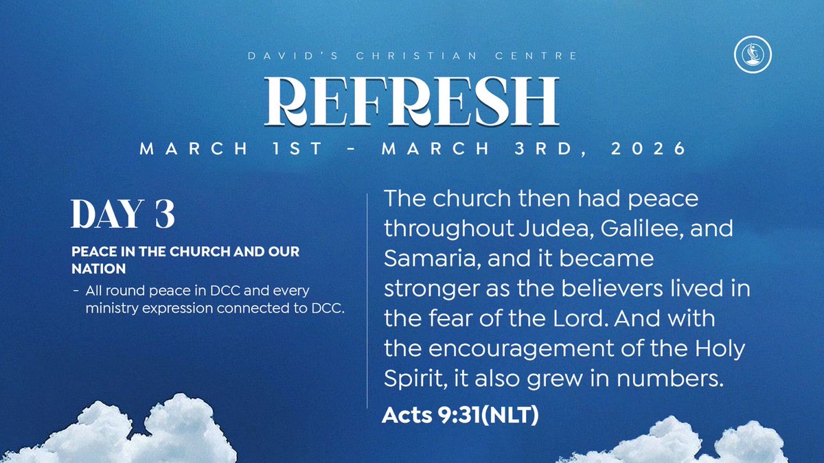 dcclagos's tweet image. It's Day 3 of our Fasting and Prayer.🤲 

Today we are praying for PEACE in the Church and in our Nation.

Swipe to see devotional texts and prayer meeting details.

Join us as we fast and pray

#dccfast
#refresh
#prayersforMarch #davidschristiancentre