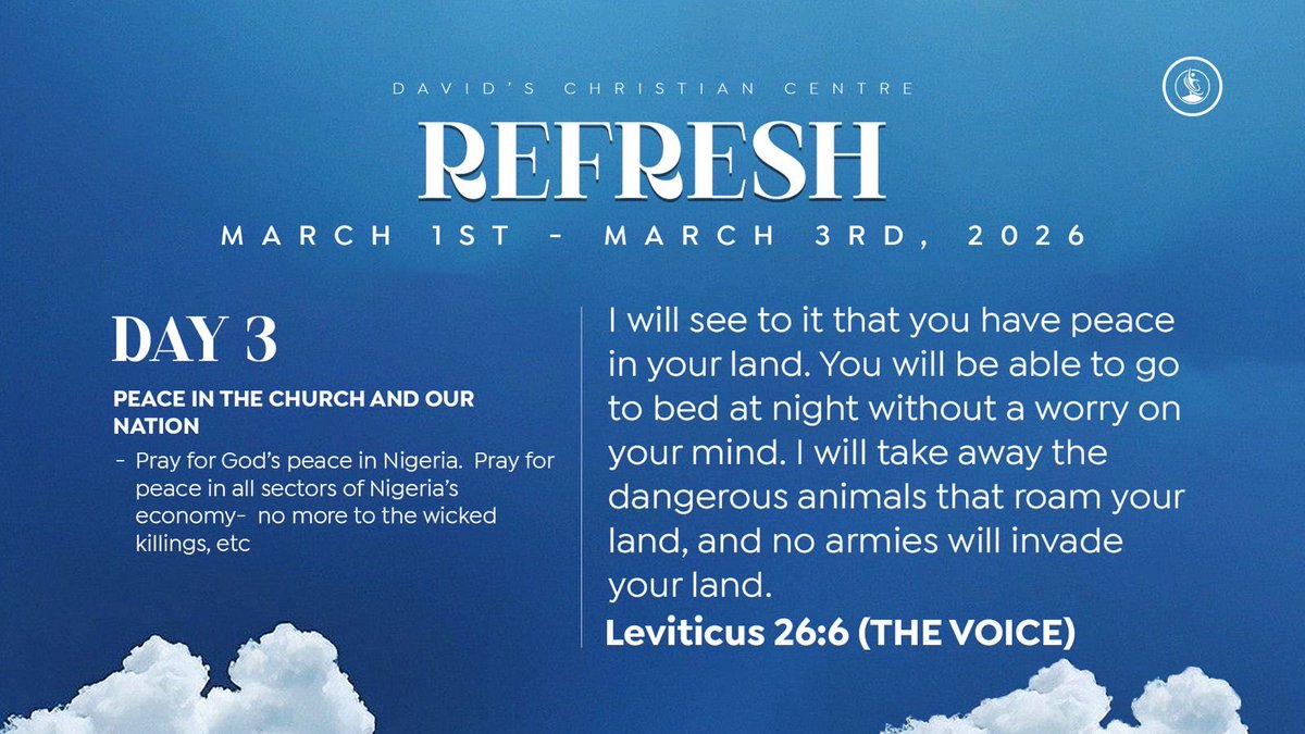 dcclagos's tweet image. It's Day 3 of our Fasting and Prayer.🤲 

Today we are praying for PEACE in the Church and in our Nation.

Swipe to see devotional texts and prayer meeting details.

Join us as we fast and pray

#dccfast
#refresh
#prayersforMarch #davidschristiancentre