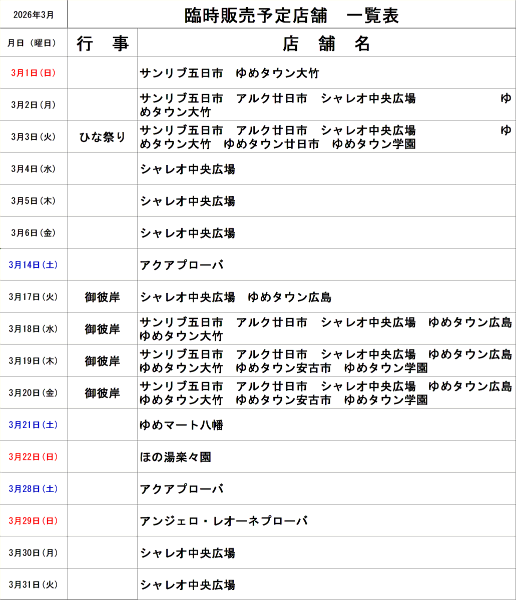 rijyoumoti's tweet photo. こんにちは

ひな祭りの季節となり、春の訪れを感じる日が増えてまいりました。

遅くなりましたが３月の対面販売予定店舗でございます。

＃鯉城餅
＃おもち
＃ひな祭り https://t.co/MldY0aF07p