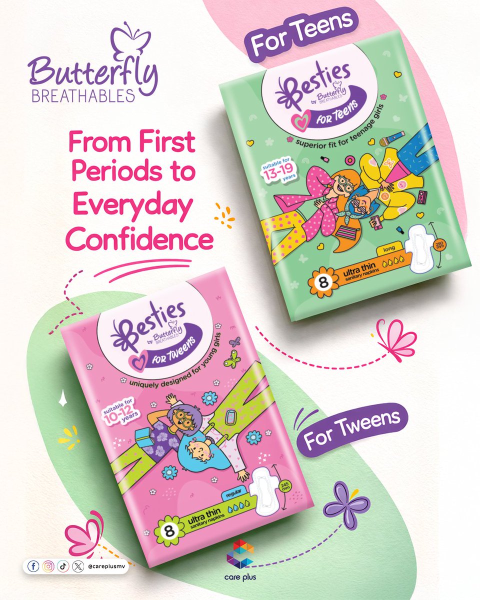 careplusmv's tweet image. 𝐅𝐫𝐨𝐦 𝐟𝐢𝐫𝐬𝐭 𝐩𝐞𝐫𝐢𝐨𝐝𝐬 𝐭𝐨 𝐞𝐯𝐞𝐫𝐲𝐝𝐚𝐲 𝐜𝐨𝐧𝐟𝐢𝐝𝐞𝐧𝐜𝐞 💕✨
Meet Besties by Butterfly Breathables — specially designed for Tweens &amp;amp; Teens to feel comfortable, protected, and confident every single day. 🌸

#careplusmv #ButterflyBreathables #Besties