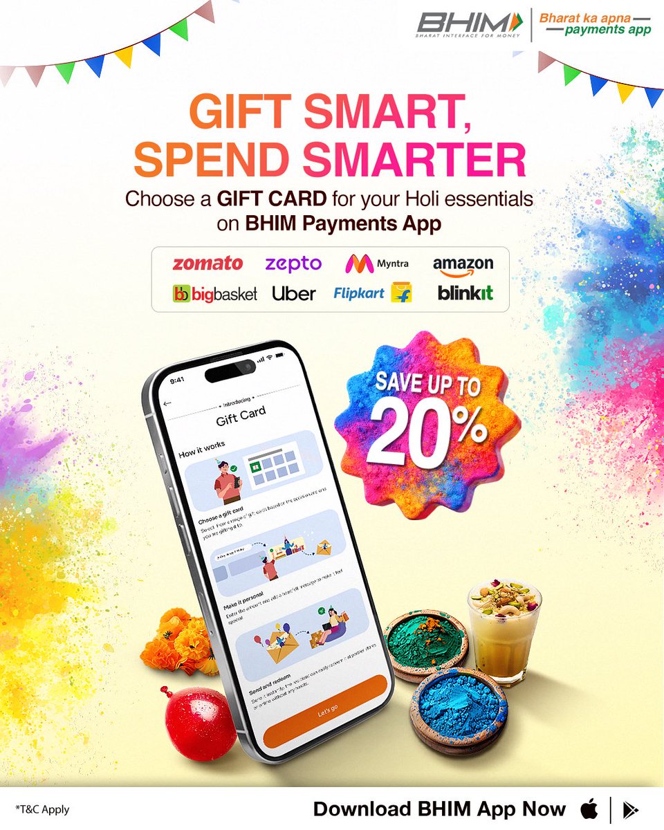 dealztrendz's tweet image. This Holi, celebrate more &amp;amp; spend less with up to 20% savings! Get yourself a gift card on BHIM Payments App.

Download Now:
bhimap.onelink.me/N14i/tqrpmo7r

#BHIMPaymentsApp #GiftCard #GiftCardOnBHIM