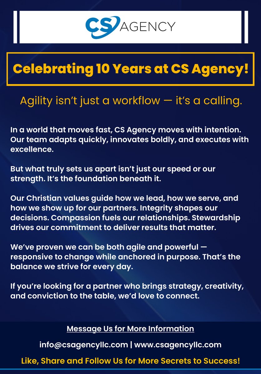 CSAgencyLLC's tweet photo. At CS Agency, our Christian values guide how we lead, how we serve, and how we show up for our partners. Integrity shapes our decisions. CS Agency is - Agile in action - https://t.co/3voQFCDCqD

#10Years #DirectSelling #CSAgencyLLC #StreetTeam #BusinessGrowth #SmallBusiness https://t.co/GLF46rTqzh