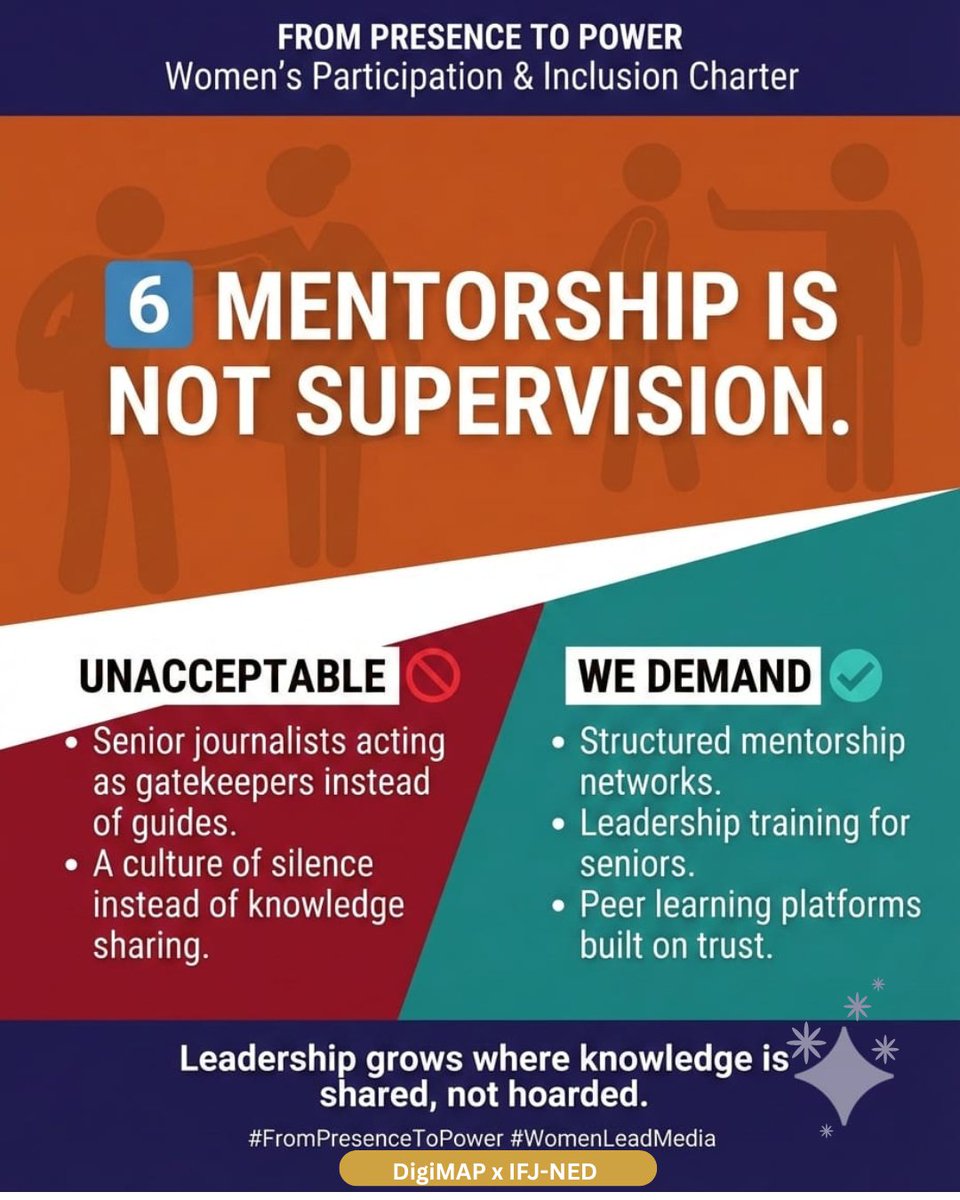 digimappk's tweet photo. Mentorship must be structured, inter-regional, and career-progressive.

Developed collectively by women journalists across Pakistan’s regions under the Women’s Participation &amp; Inclusion Charter.

#FromPresenceToPower #WomenLeadership #DigiMAP #IFJ #NED #RegionalVoices https://t.co/OvIui5OUl9