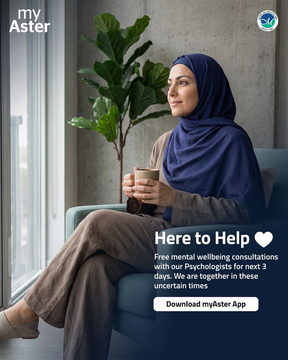 ASTERHealthcare's tweet photo. We are here for our community.
At Aster DM Healthcare, your mental well-being matters. To support our community during this time, we are offering online mental well-being video consultations at no cost, for the next three days through the myAster app.

If you or a loved one would benefit from speaking with a licensed psychologist, you can book a confidential video consultation from the comfort of your home.
Accessible across the UAE.

Let’s continue to care for one another.
#AsterDMHealthcare #MentalWellBeing #CommunityCare #UAE