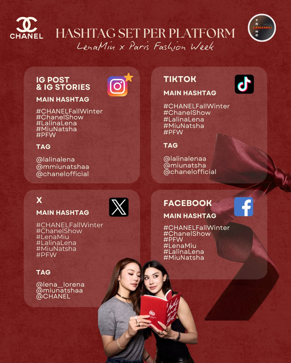 TrendForLenaMiu's tweet photo. 🇫🇷 HASHTAG SET PER PLATFORM
Lenamiu x Paris Fashion Week x CHANEL

📌 IG Post & IG Stories
Hashtag
#CHANELFallWinter
#ChanelShow
#LalinaLena
#MiuNatsha
#PFW

Tag
@.lalinalena
@.mmiunatshaa
@.chanelofficial

*เนื่องจากแพลตฟอร์ม IG สามารถใช้ Hahstag ได้เพียง 5 Hashtag ดังนั้นเราจึงจำเป็นต้องโฟกัสที่
• แฮชแท็กของแบรนด์
• แฮชแท็กของงาน Paris Fashion Week
• และแฮชแท็กชื่อส่วนตัวของแต่ละคน
เ��ื่องจากการเก็บ EMV และ MIV เป็นการคำนวณยอดแบบรายบุคคล
จึงจำเป็นต้องเลือกใช้แฮชแท็กที่เชื่อมโยงกับชื่อของแต่ละคนโดยตรง 

Since Instagram allows only up to 5 hashtags per post, we need to prioritize the following:
• Brand-related hashtags
• Paris Fashion Week event hashtags
• Individual name hashtags

As EMV and MIV are calculated on an individual basis,
it is essential to use hashtags that are directly linked to each person’s name for accurate tracking.

📌 TikTok
Hashtag
#CHANELFallWinter
#ChanelShow
#LalinaLena
#MiuNatsha
#PFW

Tag
@.lalinalenaa
@.miunatsha
@.chanelofficial

*เนื่องจากแพลตฟอร์ม Tiktok สามารถใช้ Hahstag ได้เพียง 5 Hashtag ดังนั้นเราจึงจำเป็นต้องโฟกัสที่
• แฮชแท็กของแบรนด์
• แฮชแท็กของงาน Paris Fashion Week
• และแฮชแท็กชื่อส่วนตัวของแต่ละคน
เนื่องจากการเก็บ EMV และ MIV เป็นการคำนวณยอดแบบรายบุคคล
จึงจำเป็นต้องเลือกใช้แฮชแท็กที่เชื่อมโยงกับชื่อของแต่ละคนโดยตรง 

Since TikTok allows only up to 5 hashtags per post, we need to focus on:
• Brand-related hashtags
• Paris Fashion Week event hashtags
• Individual name hashtags

Because EMV and MIV are calculated individually,
hashtags directly connected to each person’s name must be prioritized to ensure proper tracking.

📌 X
Hashtag
#CHANELFallWinter
#ChanelShow
#LenaMiu
#LalinaLena
#MiuNatsha
#PFW

Tag
@lena__lorena 
@miunatshaa
@CHANEL

*Hashtags & Keywords for Airport Look and Event Day will be announced shortly.
*Hashtag & Keyword สำหรับแอร์พอร์ตลุค
และวันอีเวนต์จะมีประกาศเพิ่มเติมอีกครั้ง

📌 Facebook
Hashtag
#CHANELFallWinter
#ChanelShow
#PFW
#LenaMiu
#LalinaLena
#MiuNatsha