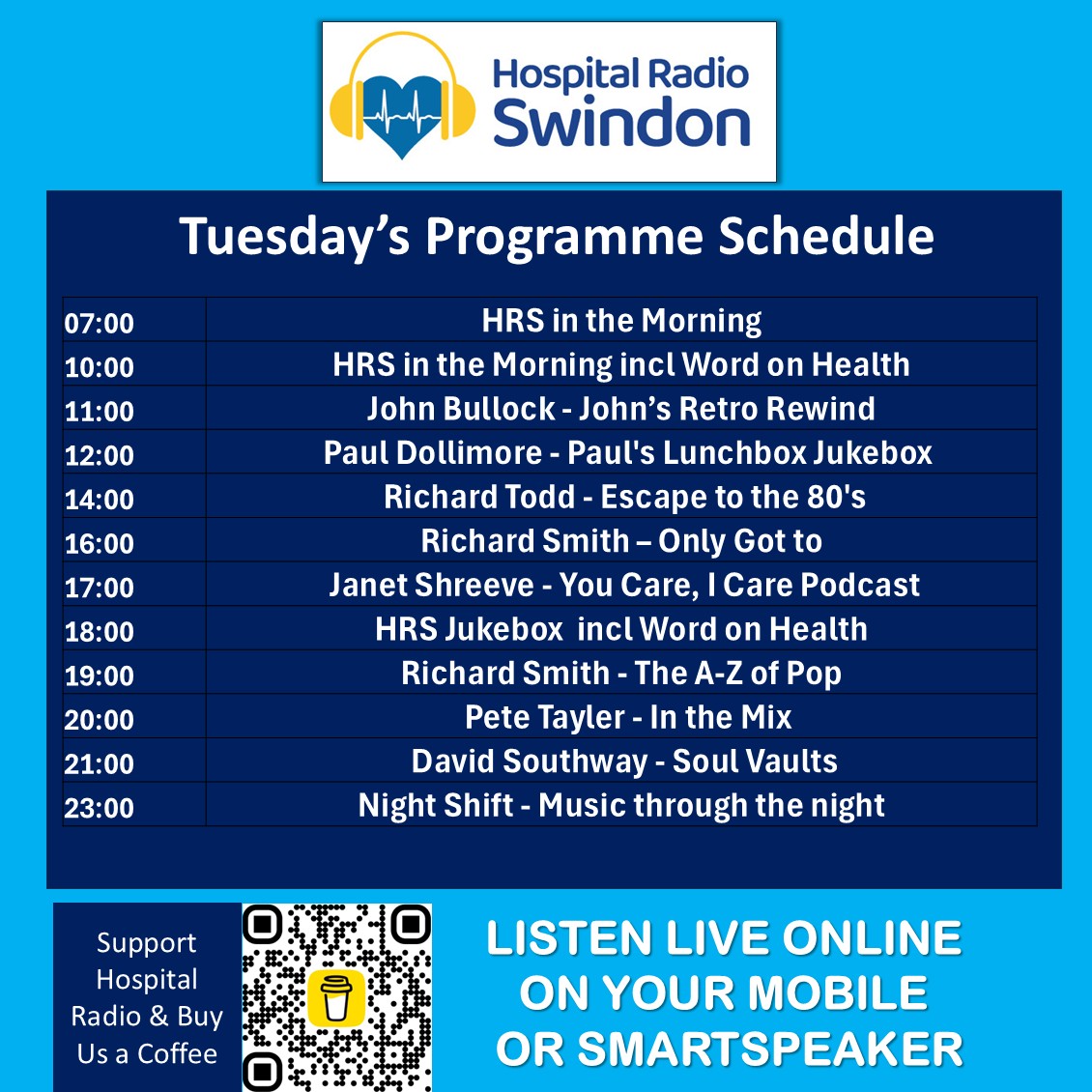 HRSwindon's tweet photo. This Tuesday, we’re here doing what we do best 💙
🎙️ Hospital Radio Swindon is bringing comfort, company, and music to you
Wherever you’re listening—from the wards or from home—we’re here to brighten your day.
📻 Listen on the wards or online: https://t.co/mXJDM4gUEs
@GWH_NHS https://t.co/rtifXmJi4a