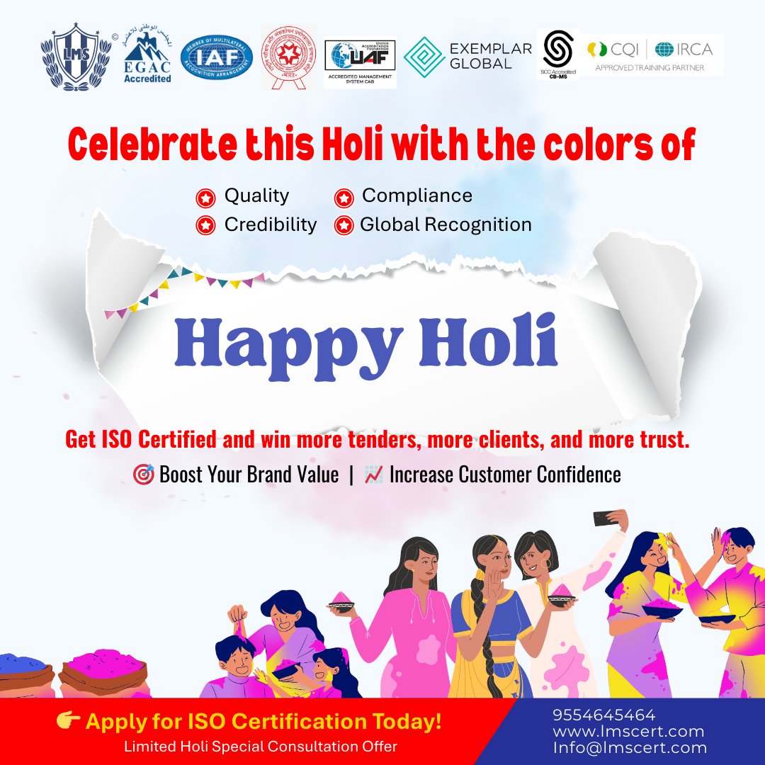 LMSCERTIFICATI2's tweet photo. This Holi, don’t just play with colors — color your business with international standards!
Get ISO Certified and win customer trust in every shade."
#HappyHoli #ISOCertification #BusinessGrowth #QualityMatters #ComplianceWins #LeadGeneration https://t.co/XRXPkB9OBk