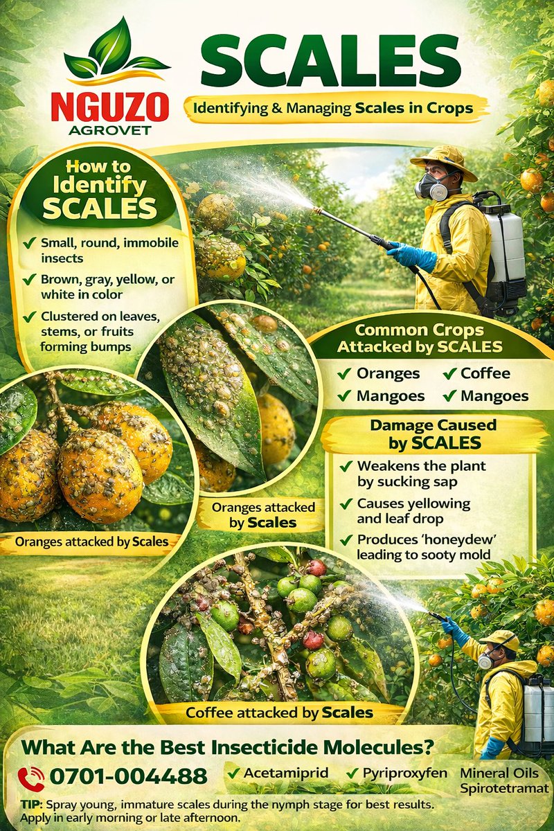 NguzoAgrovet's tweet image. NGUZO FARMING TIPS:
SCALES can slash yields by up to 60%.
Small bumps. Massive losses.
Hot weather = rapid spread.
Protect your orchard NOW.
📞 0701-004488
#ScaleControl #NguzoAgrovet