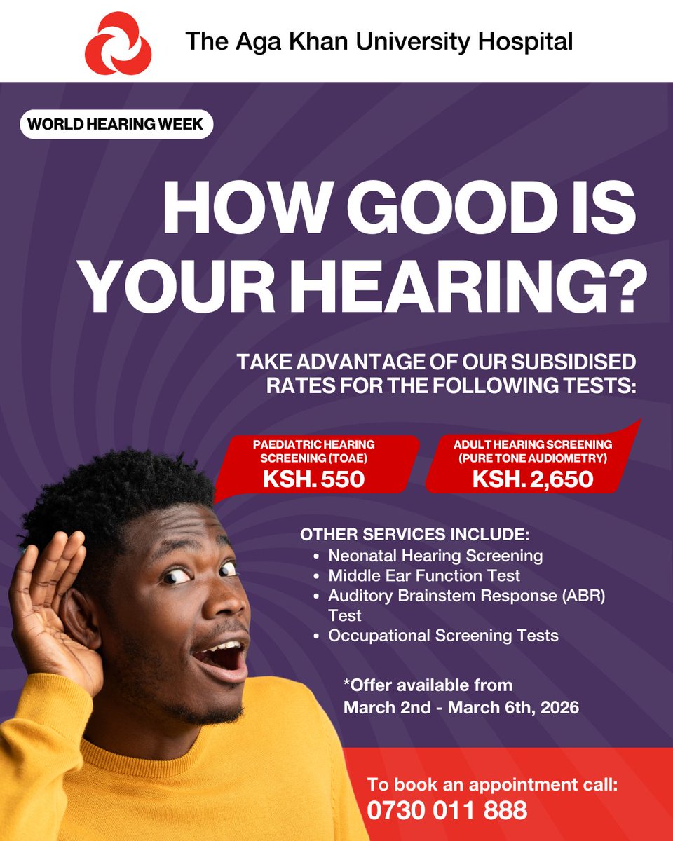 This World Hearing Week, take advantage of our subsidised hearing tests for children and adults from March 2nd–6th, 2026.
Book your screening today: 0730 011 888