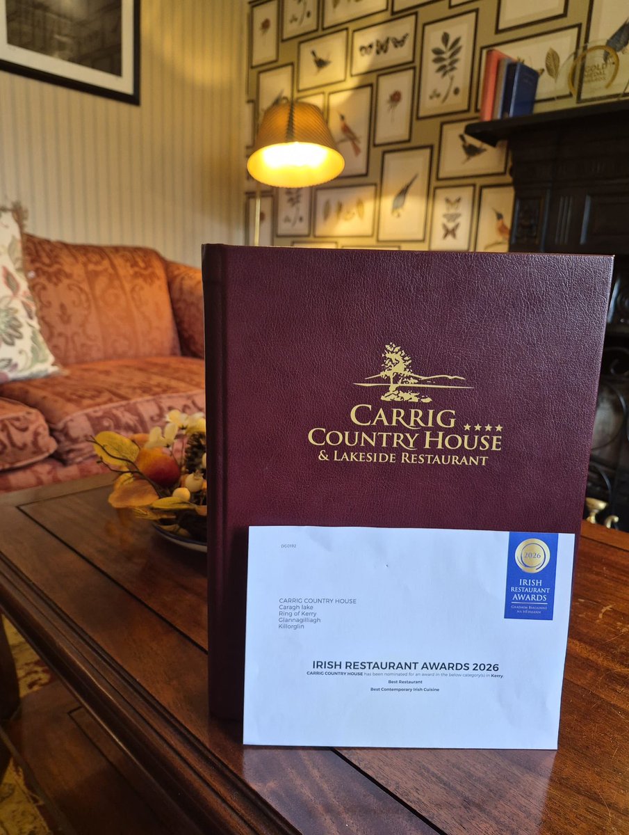 CarrigCountry's tweet photo. We’re delighted to share that we are nominated for @restawards in Best Restaurant-Best Contemporary Irish Cuisine. Join us in our Lakeside Restaurant on our reopening w’end Fri 13th / Sat 14th March. To book 066-9769100 or info@carrighouse.com #IrishRestaurantAwards2026  #kerry https://t.co/sd3Uj74DqM