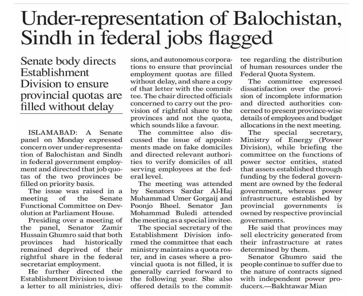 Senate body has expressed concern over under-representation of Sindh and Balochistan in federal government employment. <a href="/zamirghumro/">Senator Barrister Zamir Ghumro</a> has directed the establishment division to ensure provincial quotas are filled without delay.