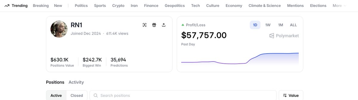 Alexitobando's tweet photo. Polymarket Whale RN1 Has $630K Open… My Copy Trade Balance Right Now 💀

This is not clickbait. I was skeptical of Polymarket copy trading after seeing clickbait and fake success posts, but I found this trader who made over $5 million total and $57,700 just today, March 3, 2026.
https://t.co/Ha8ufXhowZ
I tested several copy-trade bots, failed with Polyscout, and finally found PolyCop. Here are my settings to get started:
Step 1: Install via Telegram https://t.co/Qm82nKiGBn
Minimum funding: $50 (it’s legit; you get private keys for your new Polymarket account and can withdraw directly from Telegram).
Tap Copy Trading → + Add new copy trade.
Paste this address:
0x2005d16a84ceefa912d4e380cd32e7ff827875ea
Name: RN1 copy (or “big brother RN1”)
Copy size: 5%
Buy type: Market Order + Slippage 15%
TP: 15%
SL: -20%
Below Min Limit: keep checked
Ignore small trades: $25
Min Price: $0.12
Max Price: $0.88
Total Spend Limit: $150
Min Per Trade: $10
Max Per Trade: $30
Copy Buy and Copy Sell: both checked
Sell type: Market Order + Slippage 15%
Tap Create/Save → turn Active on.
Done! The bot will quietly copy RN1 with small, safe sizing. Start with only $100–$200 in your bot wallet.