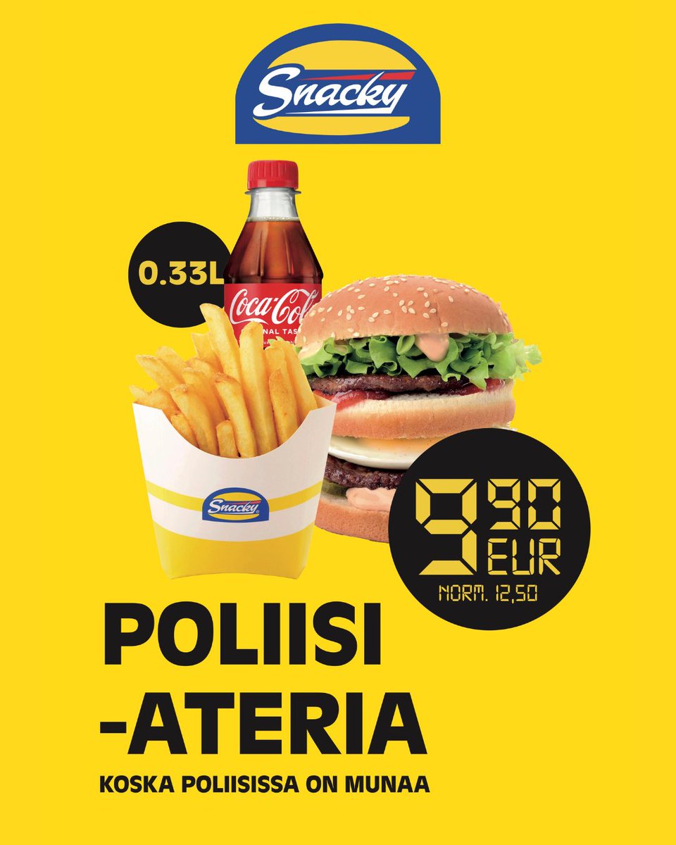 SnackyFIN's tweet photo. Poliisi on taas Snackyssä! Nimittäin Poliisiateria on nyt vain €9.90
Ateria sisältää Snackyn kuuluisan Poliisipurilaisen, ranskikset ja juoman.

Ja kyllä, poliisissa on edelleenkin sitä munaa!

Tarjous voimassa 31.3 asti, joten tule hakemaan Mikkelän tai Munkan Snackyltä! https://t.co/jToNAirbFW