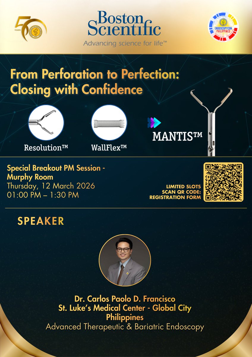 PSDEorgph's tweet photo. Don’t miss this high-impact SPECIAL BREAKOUT PM Session at EndoscopyCon Philippines 2026! 🩺✨

Join Dr. Carlos Paolo D. Francisco for a masterclass on advanced closure techniques: "From Perforation to Perfection: Closing with Confidence." Gain expert insights on the Resolution™ https://t.co/M5XV9HNNp8