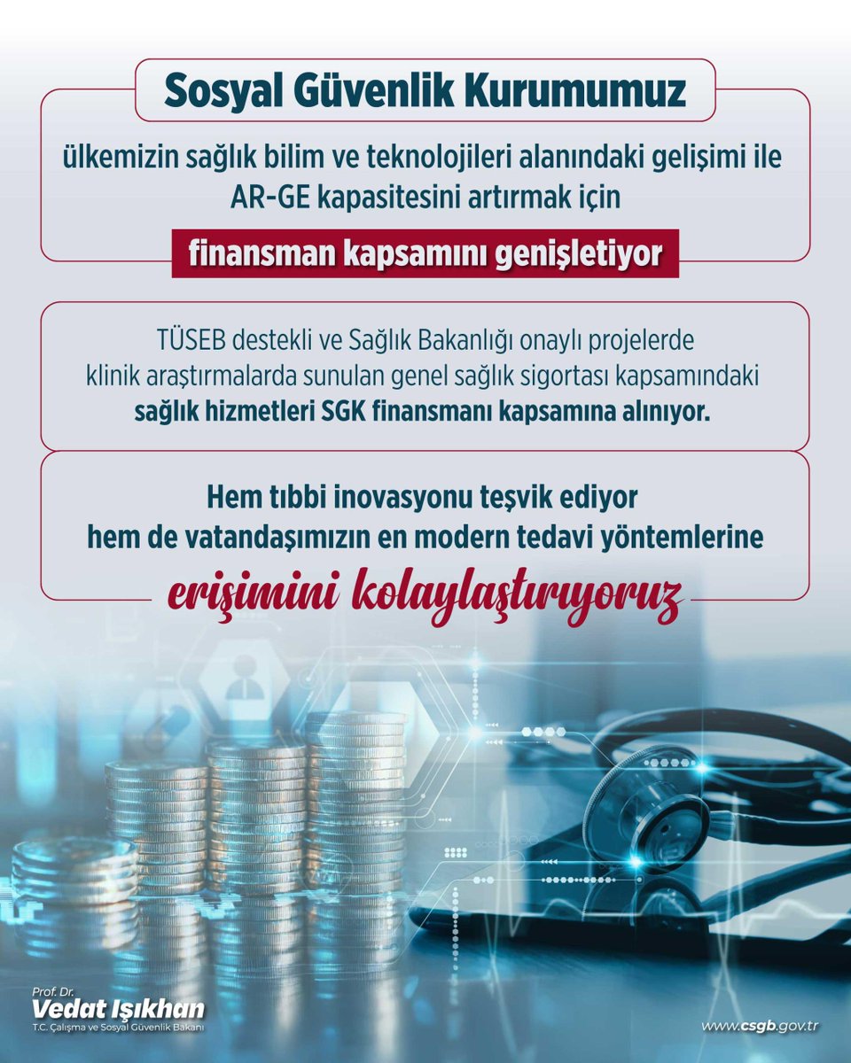 Sağlık alanında yürütülen bilimsel araştırmaları ve teknoloji geliştirme çalışmalarını destekliyoruz.🤝

Resmi Gazete’de yayımlanan karar sayesinde;
🔬AR-GE kapasitesini artırmak ve tıbbi inovasyonu teşvik etmek için finansman kapsamını genişlettik. 

Belirli şartları taşıyan