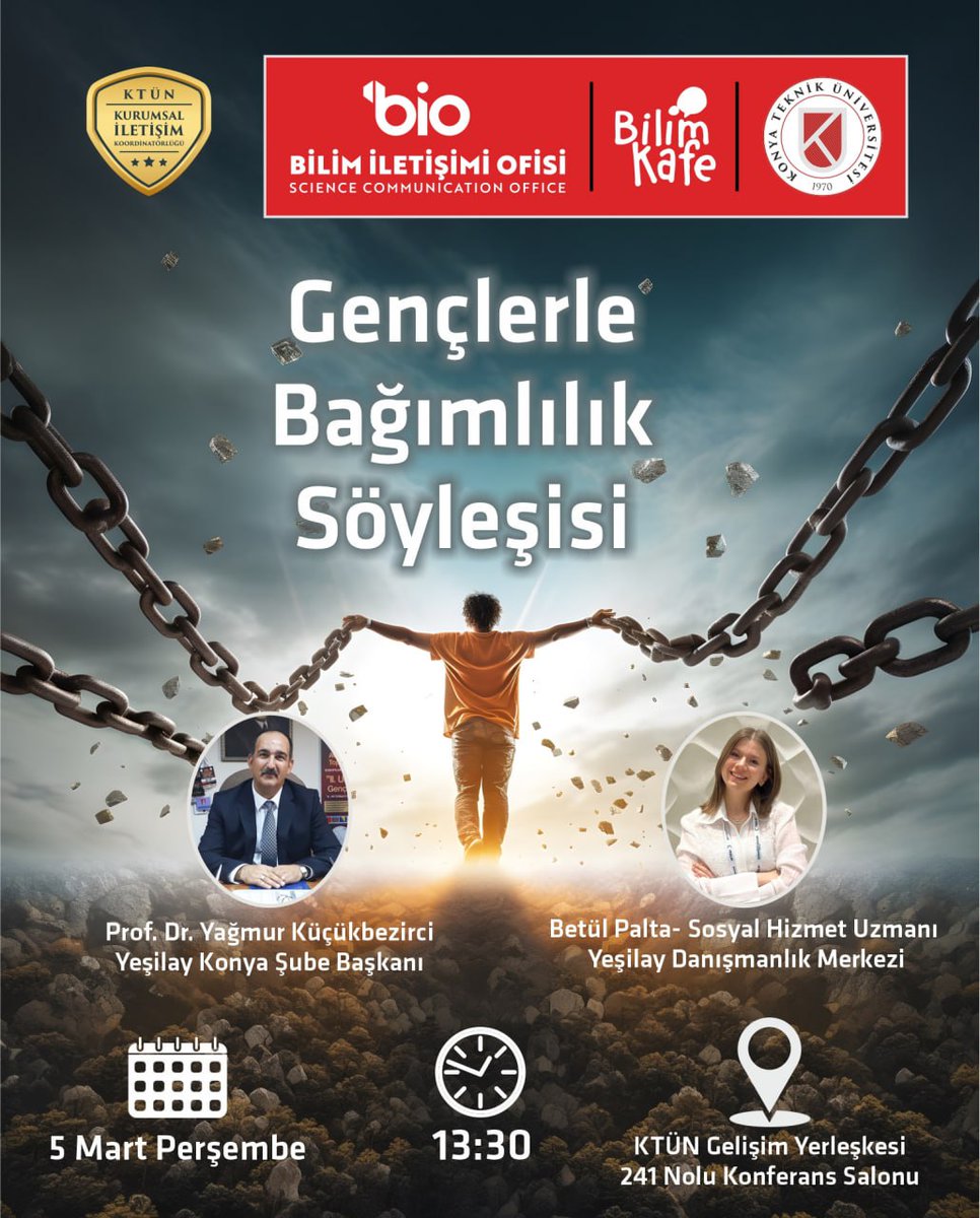 KTUNEDU's tweet photo. Gençlerle bağımlılık üzerine farkındalık dolu bir söyleşiye davetlisiniz.

📅 5 Mart Perşembe
⏰ 13.30
📍 KTÜN Gelişim Yerleşkesi Konferans Salonu

Farkındalık için buluşuyoruz!
👉 Konuya ilgi duyan herkesi bu önemli etkinliğe bekliyoruz. https://t.co/h2DTEhNa8p