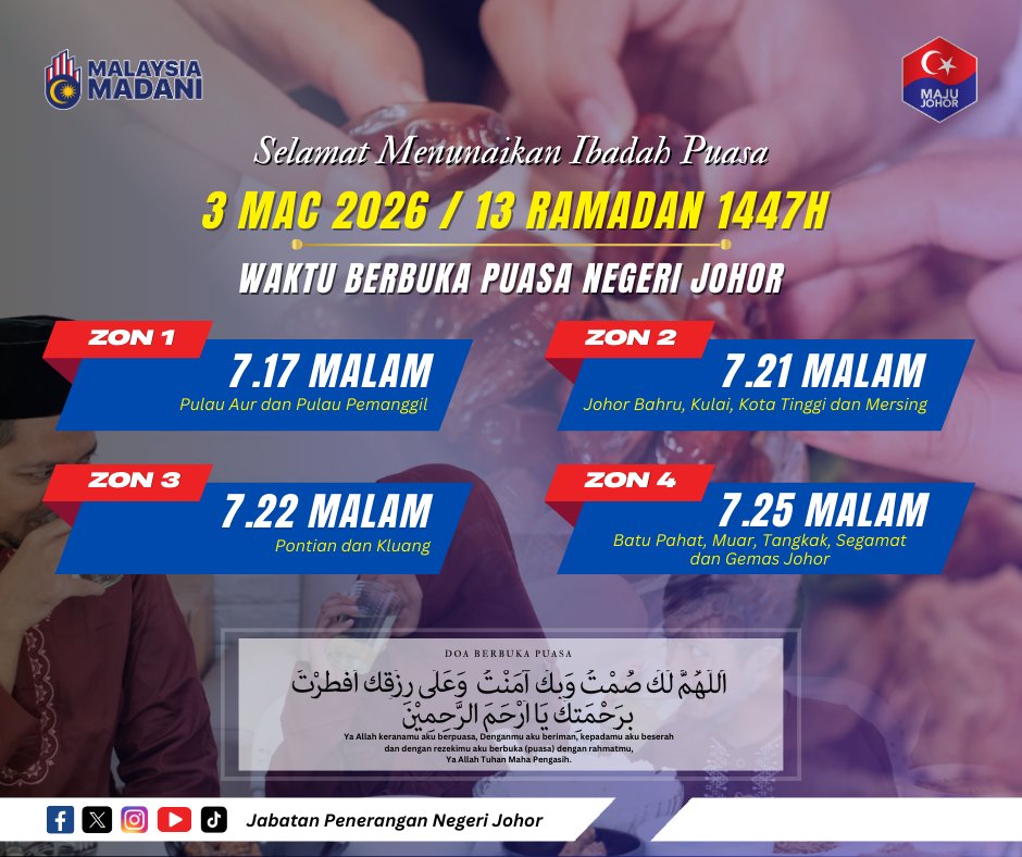 japenjohor's tweet photo. 🌙 𝐒𝐄𝐋𝐀𝐌𝐀𝐓 𝐌𝐄𝐍𝐔𝐍𝐀𝐈𝐊𝐀𝐍 𝐈𝐁𝐀𝐃𝐀𝐇 𝐏𝐔𝐀𝐒𝐀 | 𝐑𝐀𝐌𝐀𝐃𝐀𝐍 𝟏𝟒𝟒𝟕𝐇

🕖 𝐖𝐚𝐤𝐭𝐮 𝐁𝐞𝐫𝐛𝐮𝐤𝐚 𝐏𝐮𝐚𝐬𝐚
(𝟏𝟑 𝐑𝐚𝐦𝐚𝐝𝐚𝐧 𝟏𝟒𝟒𝟕𝐇 | 𝟑 𝐌𝐚𝐜 𝟐𝟎𝟐𝟔)

⏰ 𝐖𝐚𝐤𝐭𝐮 𝐈𝐦𝐬𝐚𝐤
(𝟏𝟒 𝐑𝐚𝐦𝐚𝐝𝐚𝐧 𝟏𝟒𝟒𝟕𝐇 | 𝟒 𝐌𝐚𝐜 𝟐𝟎𝟐𝟔)

#SalamRamadan https://t.co/uP7wM5hAkP