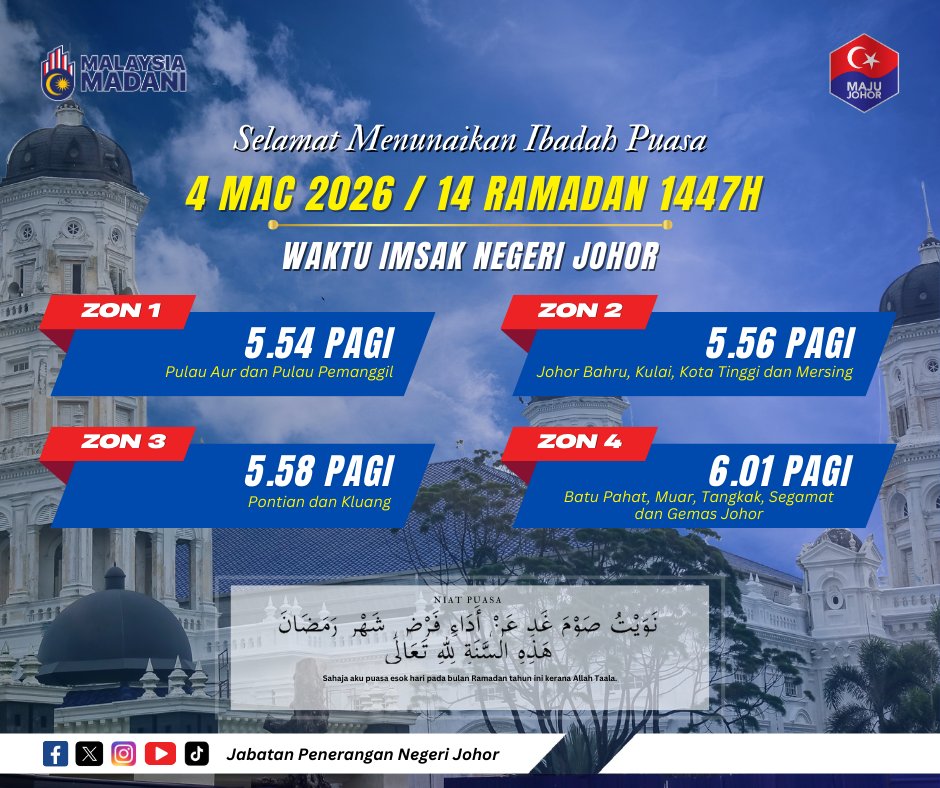 japenjohor's tweet photo. 🌙 𝐒𝐄𝐋𝐀𝐌𝐀𝐓 𝐌𝐄𝐍𝐔𝐍𝐀𝐈𝐊𝐀𝐍 𝐈𝐁𝐀𝐃𝐀𝐇 𝐏𝐔𝐀𝐒𝐀 | 𝐑𝐀𝐌𝐀𝐃𝐀𝐍 𝟏𝟒𝟒𝟕𝐇

🕖 𝐖𝐚𝐤𝐭𝐮 𝐁𝐞𝐫𝐛𝐮𝐤𝐚 𝐏𝐮𝐚𝐬𝐚
(𝟏𝟑 𝐑𝐚𝐦𝐚𝐝𝐚𝐧 𝟏𝟒𝟒𝟕𝐇 | 𝟑 𝐌𝐚𝐜 𝟐𝟎𝟐𝟔)

⏰ 𝐖𝐚𝐤𝐭𝐮 𝐈𝐦𝐬𝐚𝐤
(𝟏𝟒 𝐑𝐚𝐦𝐚𝐝𝐚𝐧 𝟏𝟒𝟒𝟕𝐇 | 𝟒 𝐌𝐚𝐜 𝟐𝟎𝟐𝟔)

#SalamRamadan https://t.co/uP7wM5hAkP