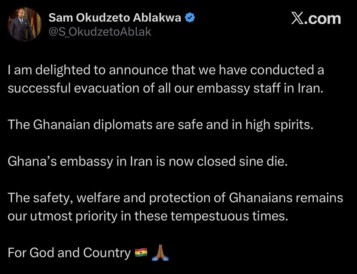 _DailyGhNews's tweet photo. 🚨  Foreign Affairs Minister Samuel Okudzeto Ablakwa has announced the successful evacuation of all Ghanaian embassy staff from Iran, confirming they are safe. Ghana’s embassy in Iran has been closed indefinitely. https://t.co/ULDzWr7fFD