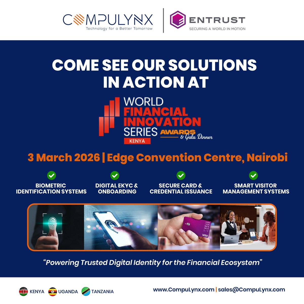 CompulynxLtd's tweet photo. Trust starts with identity. At WFIS Kenya 2026, CompuLynx showcases COMPAS for secure onboarding, biometrics & AML compliance.
#WFISKenya #DigitalIdentity #FintechAfrica https://t.co/KXlLaVf20e