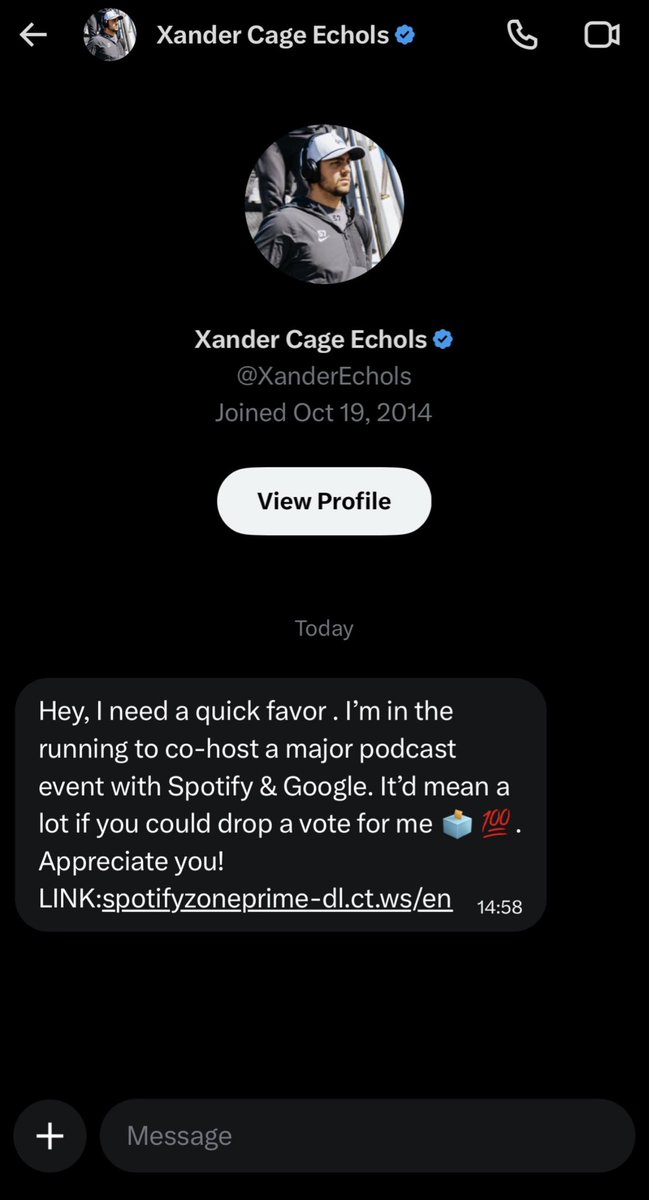 MikeEchols19's tweet photo. @X my son’s account was hacked and they are sending out this message under his name. Multiple attempts with you to resolve this and the answer is wait 7 days and resubmit to try and regain access. Seriously. @elonmusk https://t.co/0JU3JpJlhq