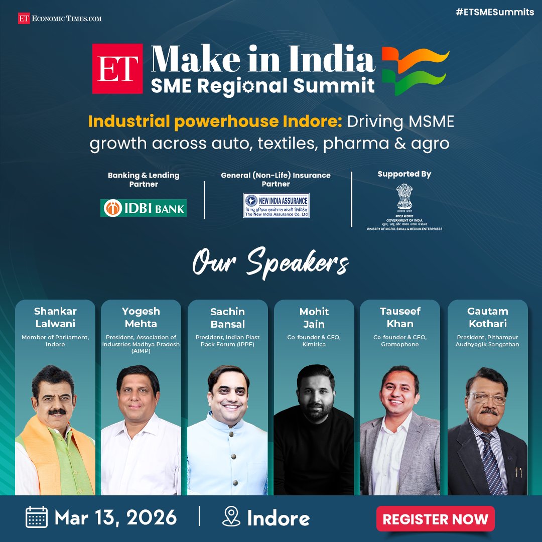 ET_RISE's tweet photo. Be part of the ET Make in India SME Regional Summit on March 13 in Indore. 

Register now: https://t.co/VnpP1Xsv2C 

#ETSMESummits #MSMEs #SMEs

@NewIndAssurance | @IDBI_Bank | @iShankarLalwani | @sachin_b123 | @ForumPlastpack | @Mohitjain1 | @Gramophone_Ag | @tkhan1004 https://t.co/T768hqr2X6