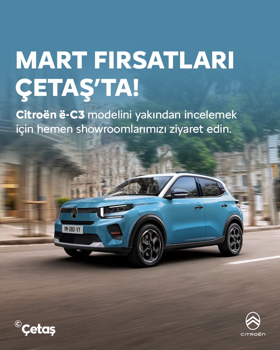 cetascitroen's tweet photo. Mart fırsatları Çetaş'ta!

Citroën ë-C3 modelini yakından incelemek için hemen showroomlarımızı ziyaret edin.

📍İstanbul Büyükçekmece:0 (212) 863 54 54
📍Tekirdağ Çorlu:0 (282) 685 40 20
📍İzmit Kocaeli:0 (262) 335 43 03
📍İstanbul Bayrampaşa:0 (212) 614 40 04

#Çetaş #ÇetaşCitroen #ÇetaşOtomotiv