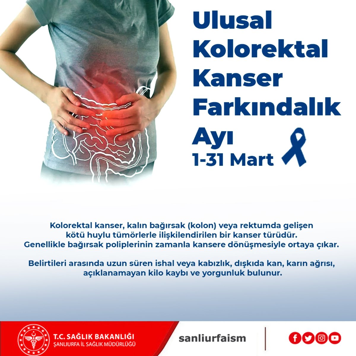 1-31 Mart Kolorektal Kanser Farkındalık Ayı. 
Kansere karşı en büyük silahımız farkındalık ve zamanında taramadır.
 🏥 KETEM ve sağlık kuruluşlarında taramalarınızı yaptırın, hayata şans verin.