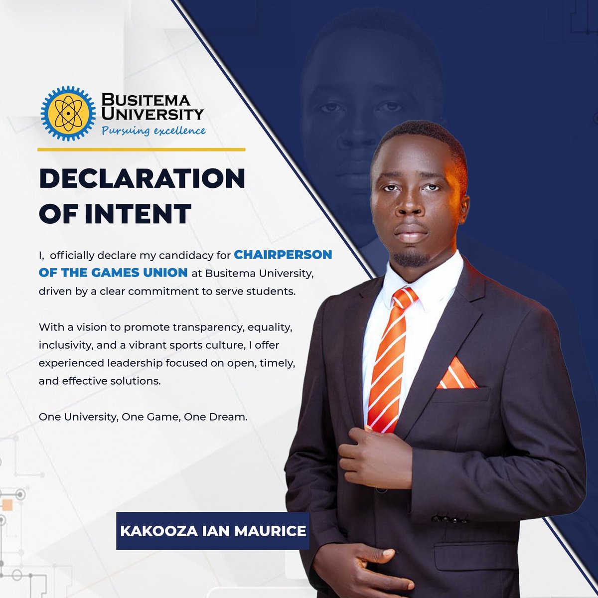 It is with pure intentions that I declare my candidacy for the position of 17th Chairperson Games Union of Busitema University. 
I have served in the 16th Games Union and believe I have what it takes to lead the sports leadership of this great institution. 
Now is the time