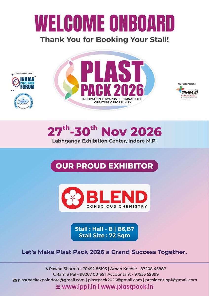 ForumPlastpack's tweet photo. We proudly welcome Blend Conscious Chemistry as an exhibitor at PlastPack 2026.

📍 Stall: Hall B | B6, B7

We are excited to have you showcase your innovations at Central India’s biggest Plastic &amp; Packaging Exhibition.

#plastpack2026 #proudexhibitor #plasticindustry #ippf https://t.co/vONxZSpdvF