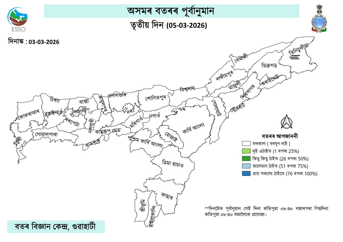 অসমৰ বতৰৰ আগজাননী আৰু সতৰ্কতা মানচিত্ৰ: 03.03.2026.