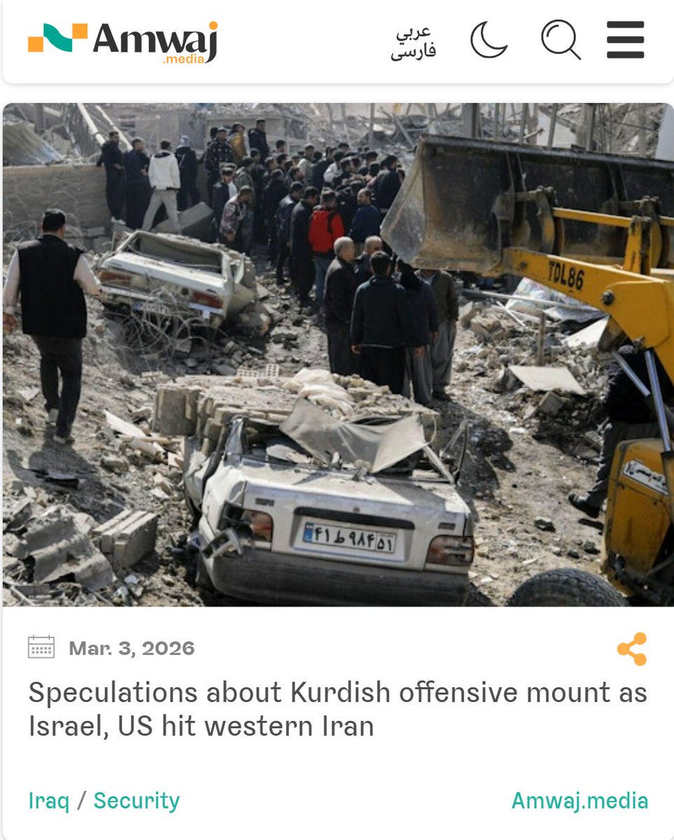amwajmedia's tweet photo. NEW: Israel is reportedly pressing the Trump admin to mobilize Iraqi-based Kurdish groups for a ground offensive inside Iran. 

This as Israeli-US airstrikes have hit at least 17 cities in Iran's Kurdish areas as of Mar. 2, with Sanandaj alone targeted 25 times.

Details on @amwajmedia 👇
