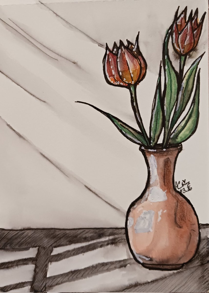 Added some watercolour to my doodle from last night. Just some tulips, based on a Pinterest photo. I made sooo many mistakes! But it's nice to be getting back into things. 😊

#rkgk #WatercolorArt #traditionalart #artmoots