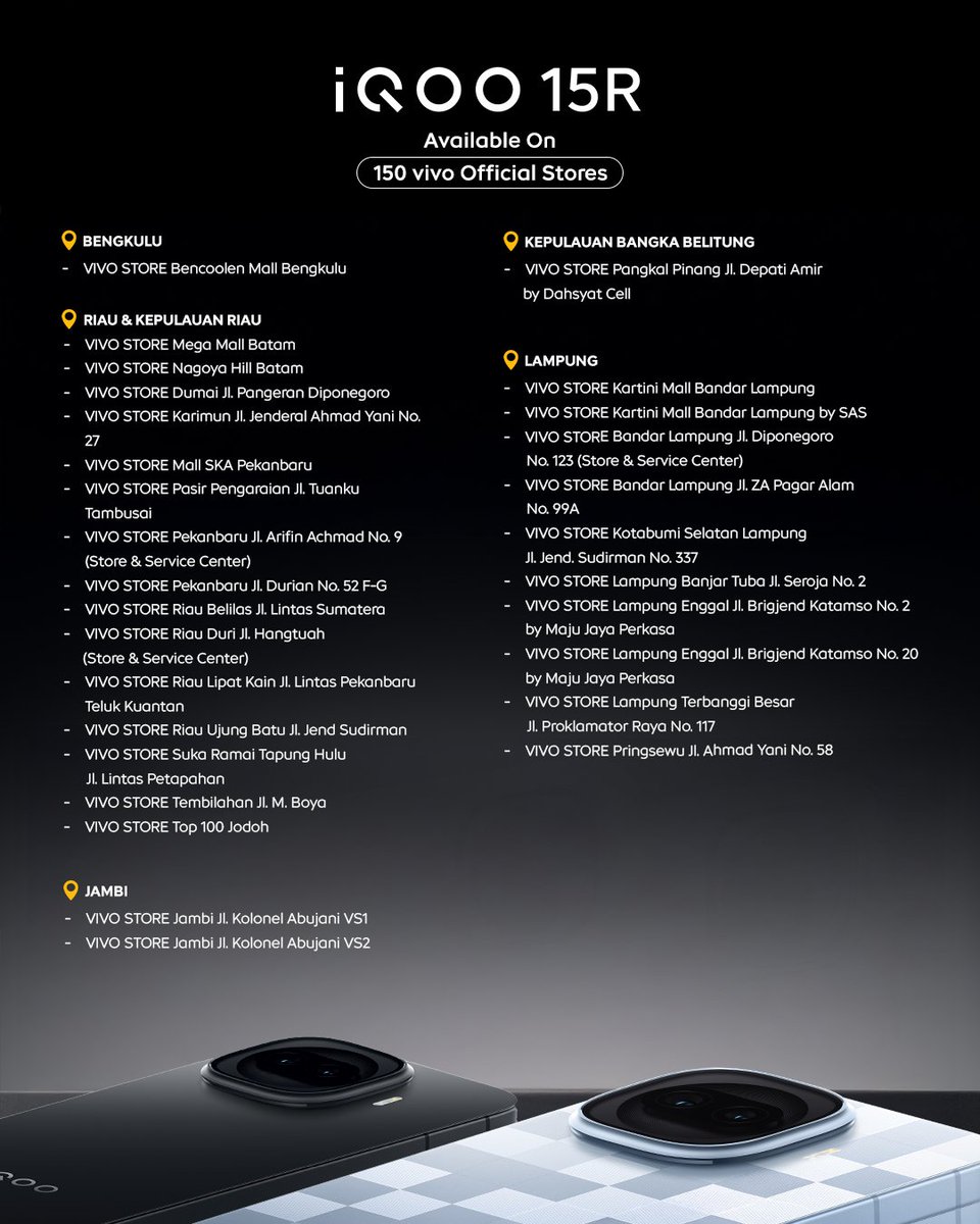 Yang kemarin cuma bisa pre-order, sekarang sudah bisa pegang langsung 👀

iQOO 15R resmi tersedia offline di vivo Official Store, Erafone Store, Modern Retailers and partners.
Datang, coba dan buktiin sendiri 

#RelentlessPerformance #iQOO15R.