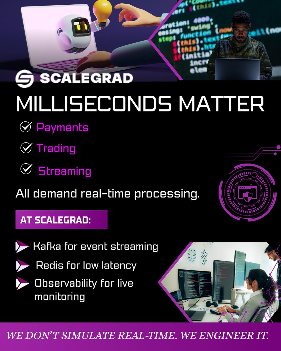 ScaleGrad's tweet photo. From payments to trading to streaming—speed isn’t optional, it’s everything. At SCALEGRAD, we don’t simulate real-time, we engineer it. 
#Scalegrad #EventStreaming #Kafka #Redis #Observability #FutureOfTech #MallareddyCollegeOfEngineeringAndTechnology #MallareddyWomensCollege https://t.co/iOIm1FEDhB